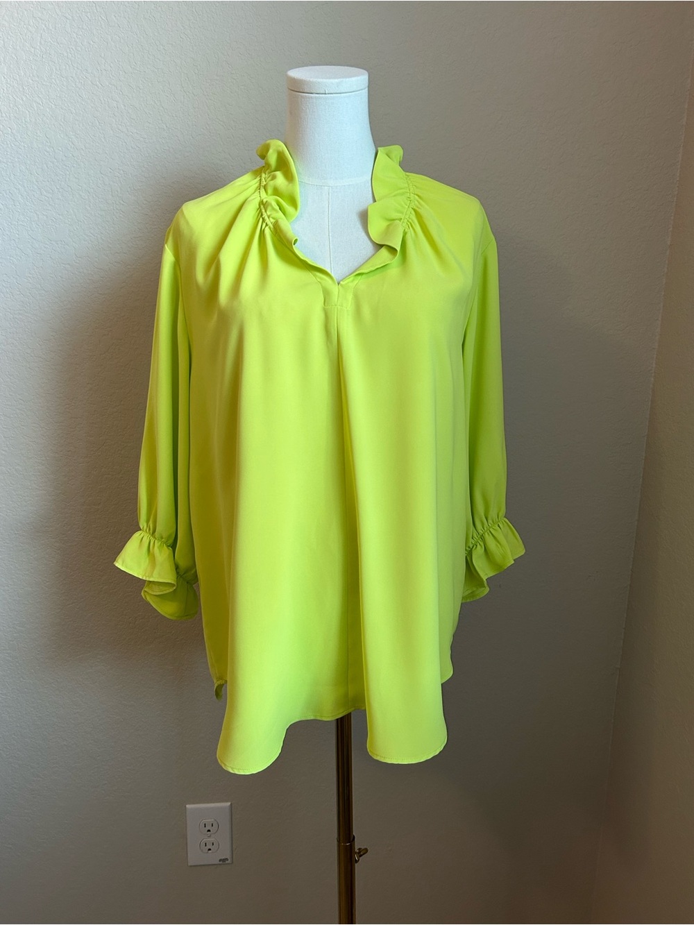 Neon Lime Ruffle-Trim V-Neck Blouse